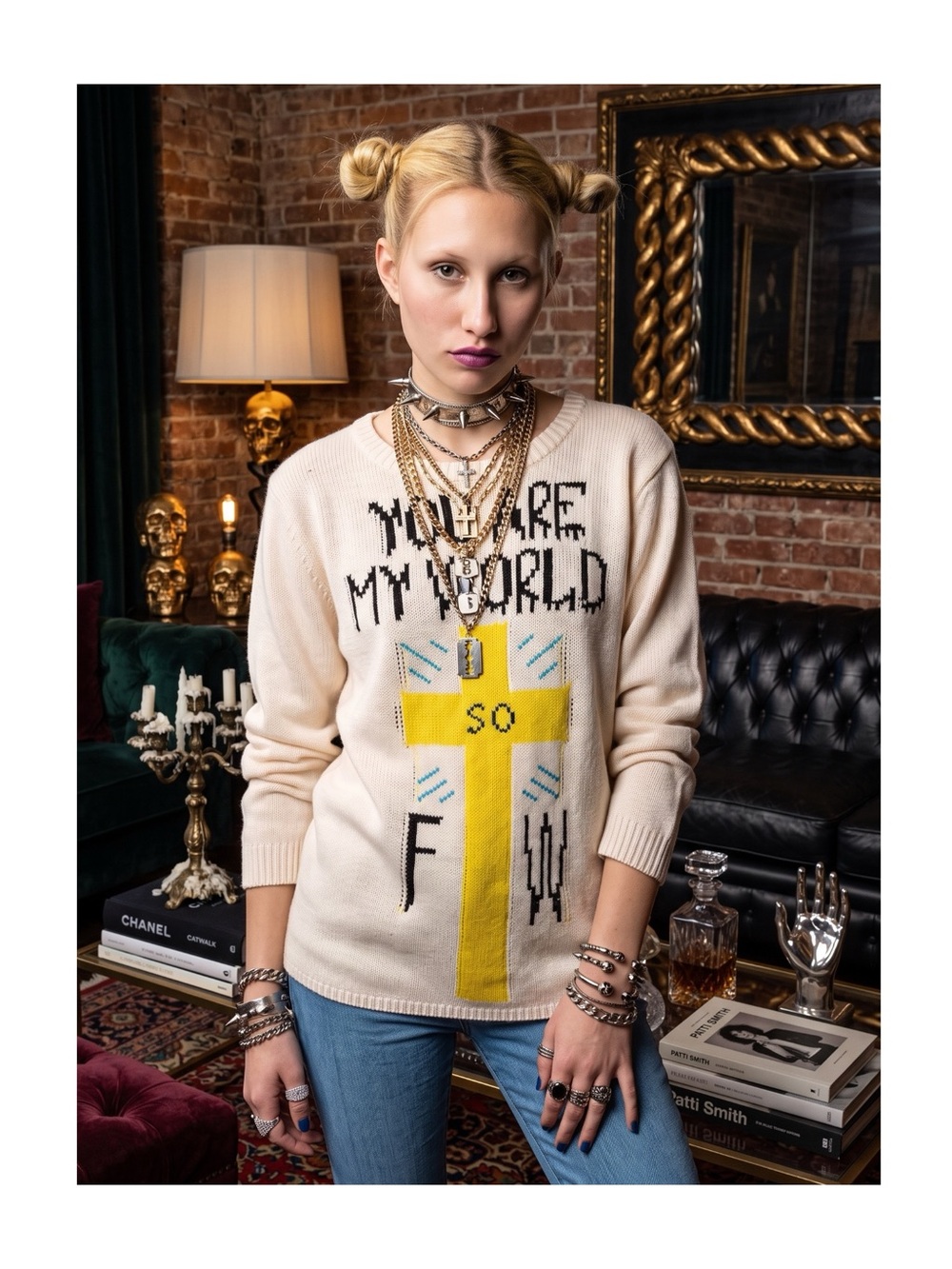 VHTF: new UNIF ♱ You Are My World FTW Sweater ♱ Cozy Intarsia Knit ♱ Ivory Pink